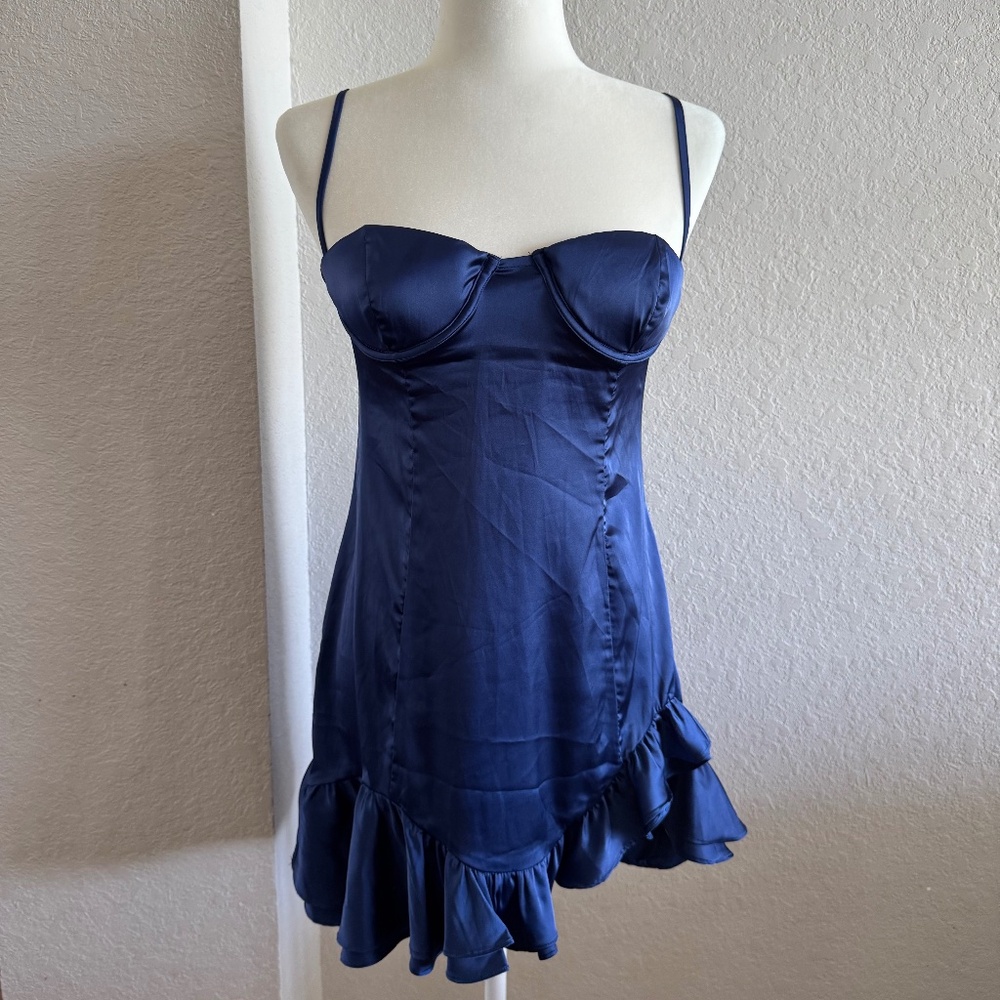 Sky To Moon Party Ruffle Mini Dress Navy Blue Satin‎ Women's Size M O